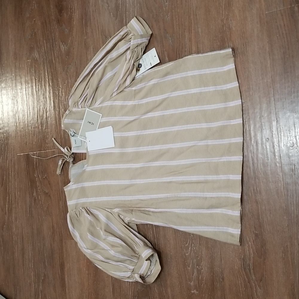 (S) NWT ICHI Elda Blouse Striped Statement Sleeves Keyhole Cutout Cottagecore